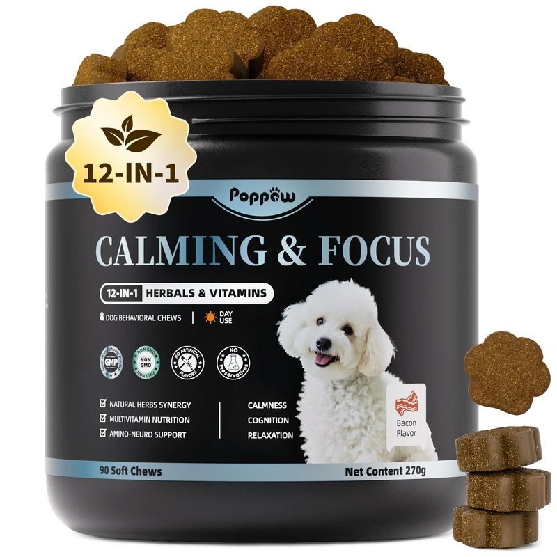 POPPAW Calming Chews pour Chiens – 12-en-1, Saveur Bacon, Détente et Focus