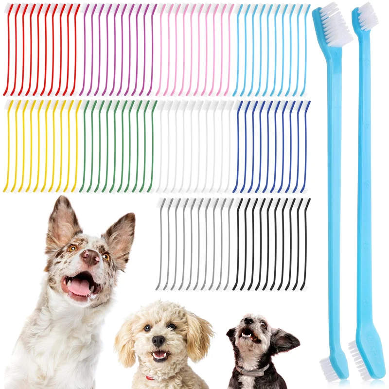 IANFAN — 200 brosses à dents pour chiens et chats, double tête, longue poignée, kit multicolore