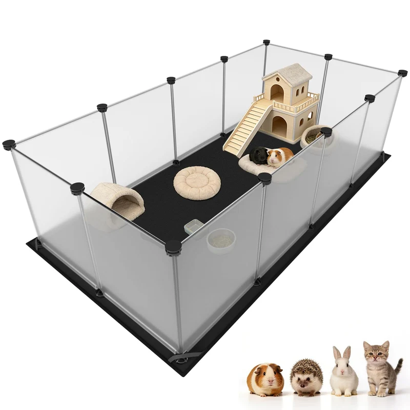 Tresbro Cage Cobaye avec Tapis Imperméable et 12 Panneaux Transparents – Aire de Jeu Intérieure 48 pouces x 24 pouces x 16 pouces