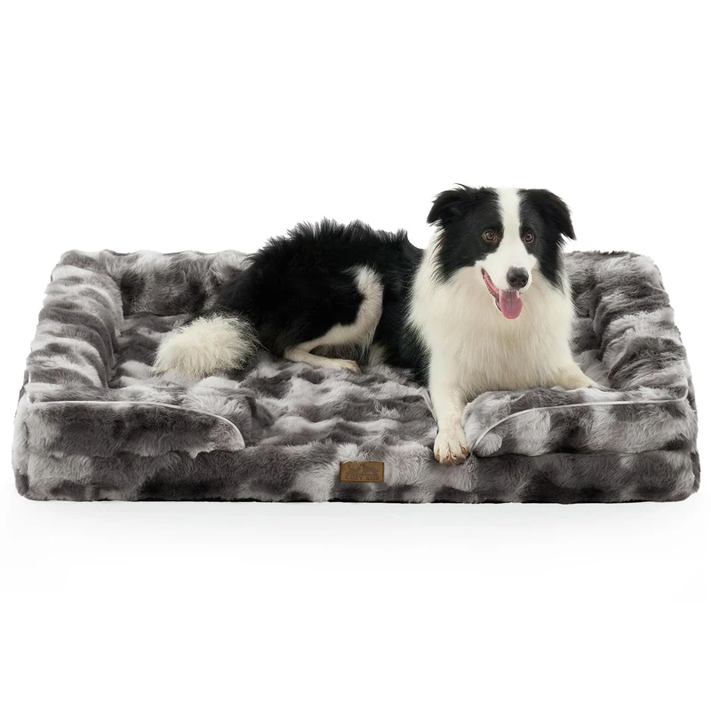 COZY KISS Coussin Orthopédique pour Chien XL 44x32 po – Canapé en Fausse Fourrure Gris Tie-Dye, Housse Lavable