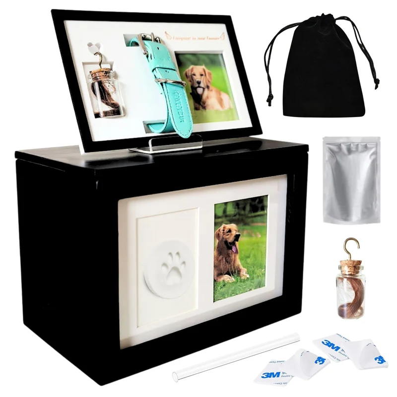 VELABER Urne Cendres Chien Grand – Coffret Mémoire en Pin Naturel avec Cadre Photo