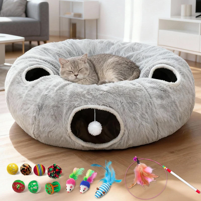 Fayavoo Tunnel Chat Rond 4 Ouvertures – Coussin Détachable et Nid Douillet pour Chats Multiples (Gris)