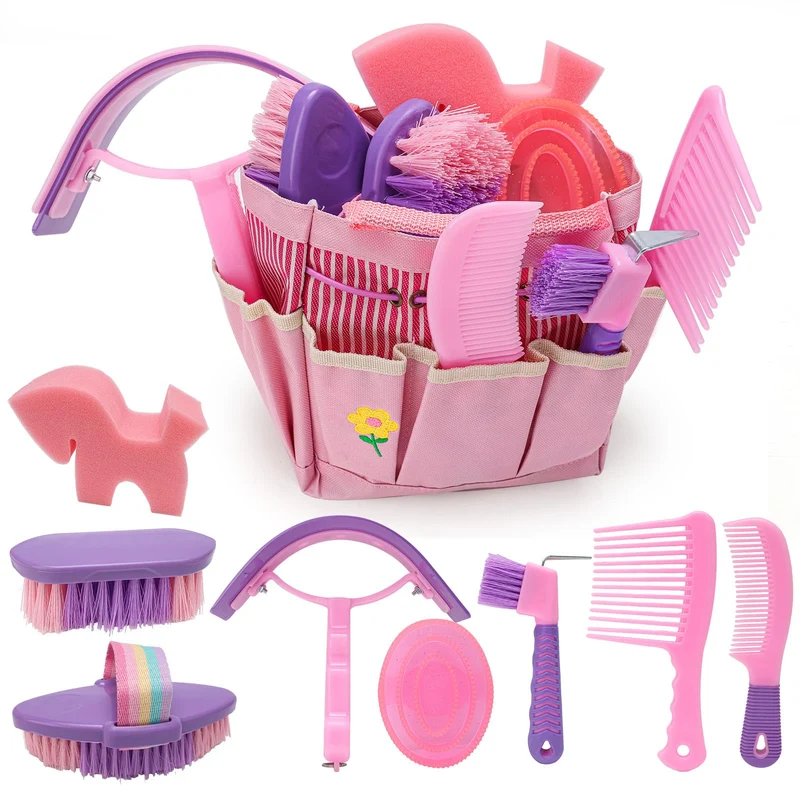 IDUNSEED Kit de pansage pour cheval – Ensemble de brosses rose avec sac pratique