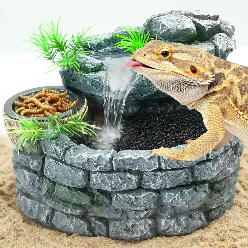 MIXJOY Fontaine 2-en-1 pour Reptiles – 550 ml, Cascade d'eau et Bol Alimentaire