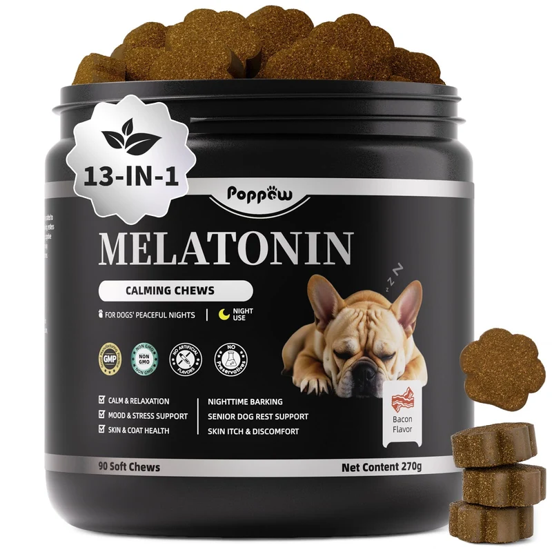 POPPAW – Friandises apaisantes à la mélatonine pour chiens et chiots | Sommeil nocturne et détente naturelle, Saveur bacon, 90 unités