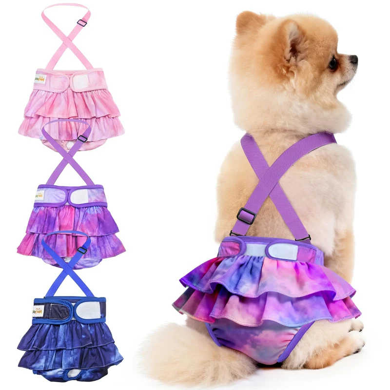 Idepet Couches pour Chien Femelle avec Bretelles Amovibles – Lot de 3, Design Tie-Dye Lavable et Réutilisable (Petit à Moyen)