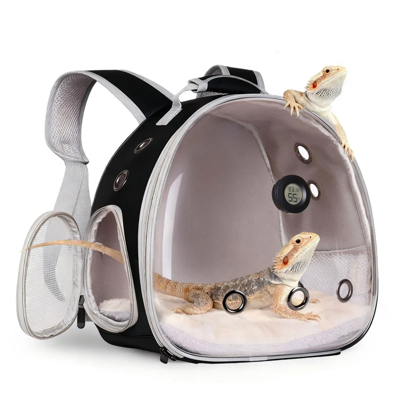 WEVONIGU Sac à dos porte-lézard Dragon Barbu avec thermomètre et hygromètre – cage de voyage transparente, fenêtre bulle, noir