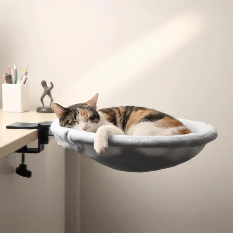 POMESEA Hamac de Bureau pour Chat XL — Capacité 50 livres, Cadre Métal Solide, Housse Fourrure Amovible