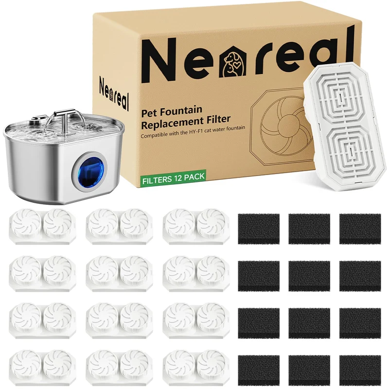 Neareal – Filtres et éponges pré-filtration pour fontaine chat inox 74oz/2,2 L (pack de 12)