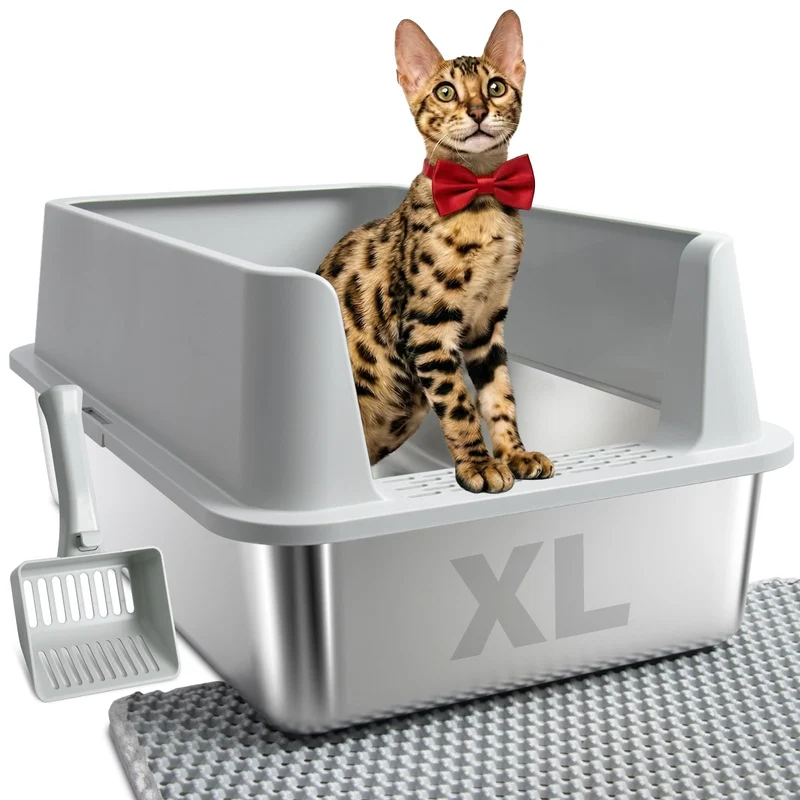 FUTAM Litière en inox Extra Large – Grande Capacité, Bords Hauteurs, Anti-odeur, Nettoyage Facile