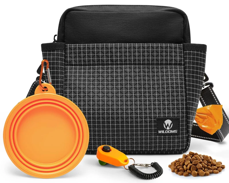 WILDOMS Sac à friandises pour chien – grande capacité, fermeture magnétique, distributeur de sacs, clicteur et bol pliable – Noir