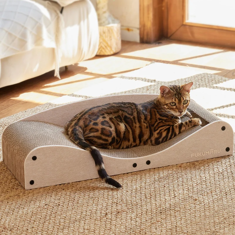 FUKUMARU Canapé-Grattoir Chat Extra-Long 29,1'' – Lit et Griffade 2-en-1, Naturel Camel