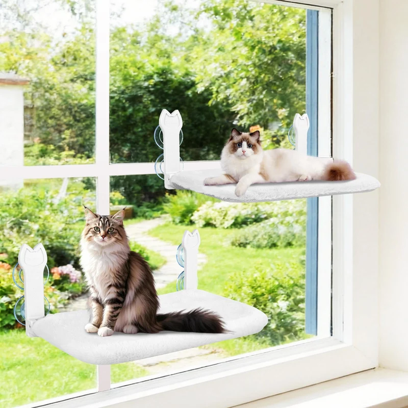 Turbosus – Lot de 2 Perchoirs de Fenêtre pour Chat, Hamac Sans Perçage avec Ventouses Puissantes, Cadre en Acier, Rembourrage Réversible (Blanc)