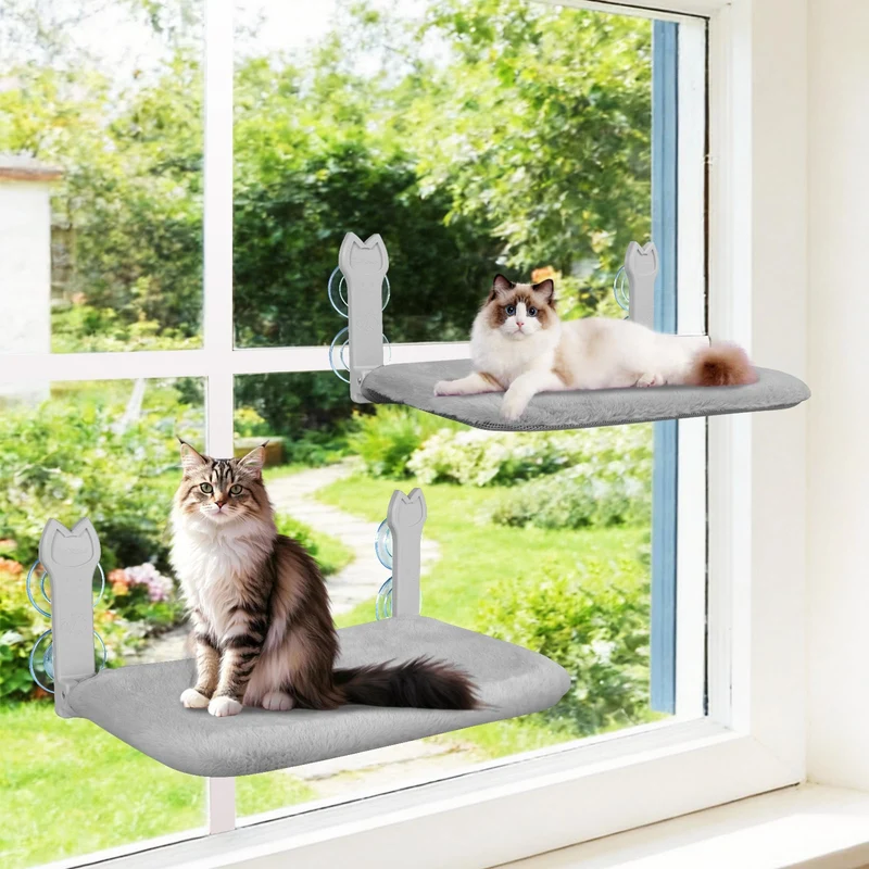 Turbosus – Paire de perchoirs de fenêtre pour chat, hamac pliable, 4 ventouses, cadre métallique, 40 livres (Gris)