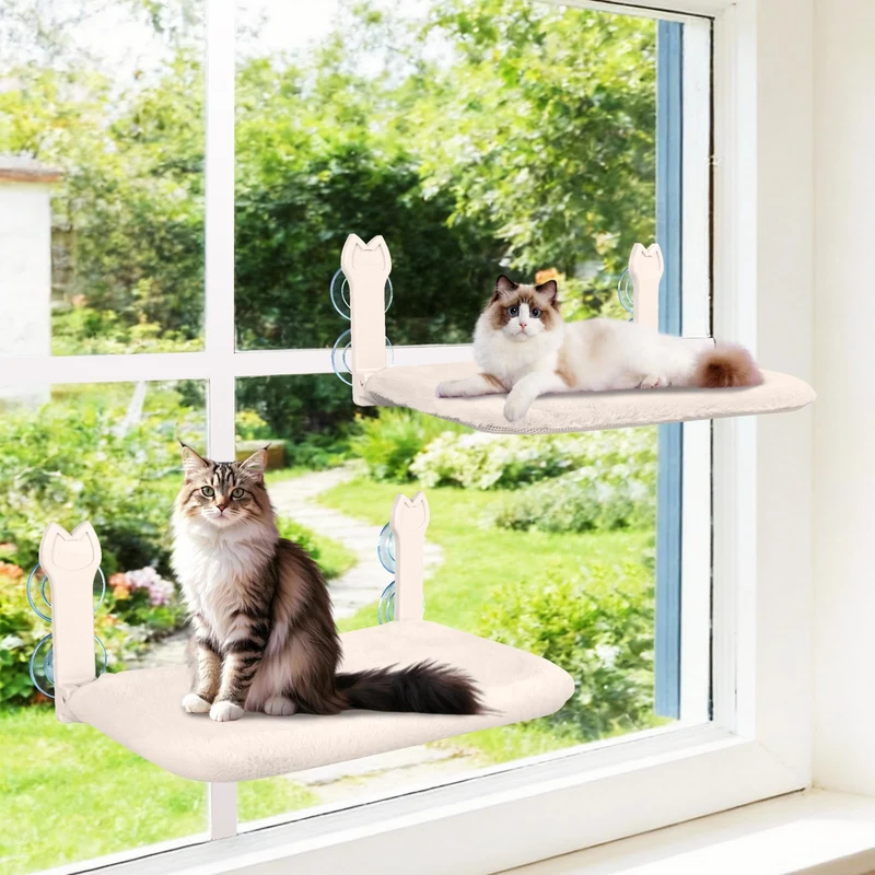 Turbosus - Lot de 2 Perchoirs de Fenêtre pour Chat avec Ventouses et Coussin Double-face (Beige)