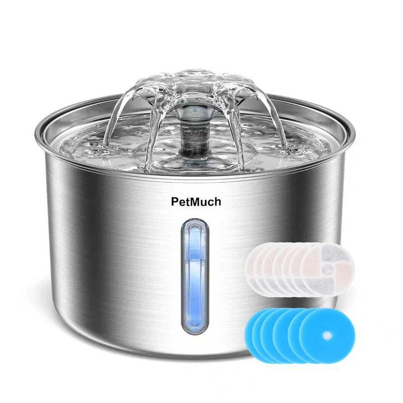 PetMuch Fontaine d'eau pour Chat en Acier Inoxydable 3L – Filtration Triple & 6 Filtres + 6 Éponges