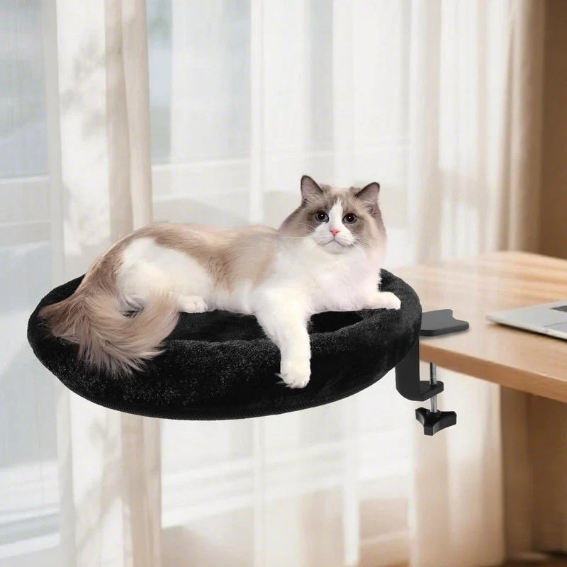 NEVESYKCUL Cat Desk Bed – Perchoir Ergonomique pour Chat sur Bureau, Hamac Rotatif, Support 50 lb, Noir