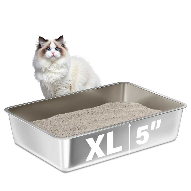 FUTAM Litière en Acier Inox XL – Grand Bac Métal pour Chat, Nettoyage Facile, Sans Odeur