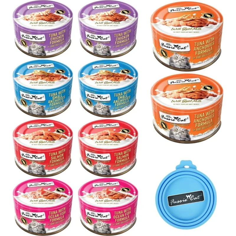 Fussie Cat Super Premium – Pâtée en Sauce Lait de Chèvre, 10 Boîtes + Couvercle – Variété de 5 Saveurs