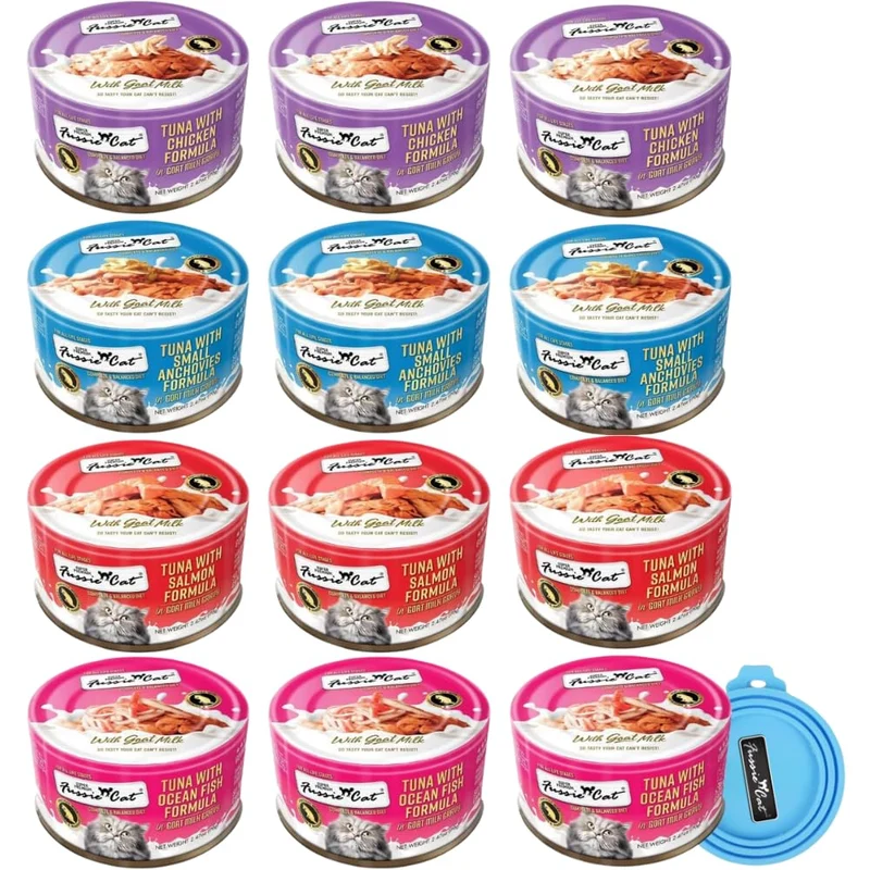 Fussie Cat Haute Qualité – Pâtée humide en sauce lait de chèvre, lot de 12 boîtes (4 saveurs) + couvercle