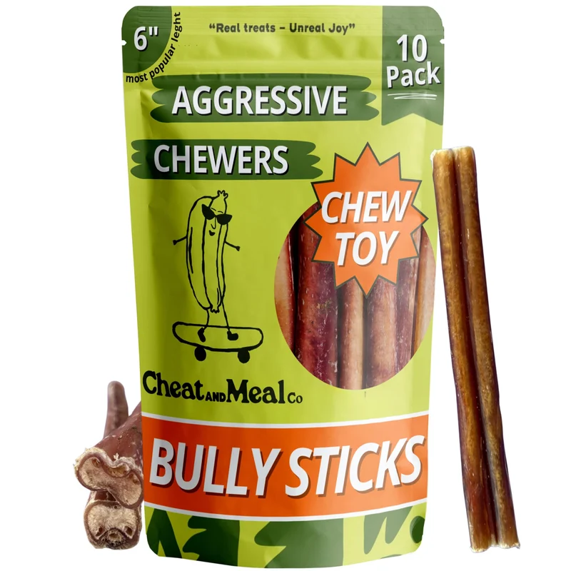 Cheat and Meal Co Bâtons Bully – Mâchage pour chiens agressifs, 6 po (10 pièces), 100% pâturage, ingrédient unique, longue durée, sans cuir cru, plein air