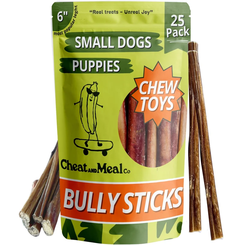 Cheat and Meal Co Bully Sticks pour Petits Chiens – 6 pouces, 25 pièces, 100% bœuf nourri à l’herbe, sans cuir