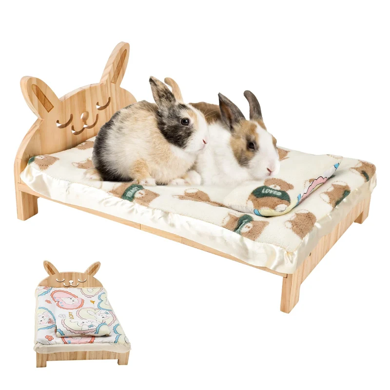 Midollarle - Grand lit en bois pour lapin avec oreiller et tapis, 2 en 1 pliable