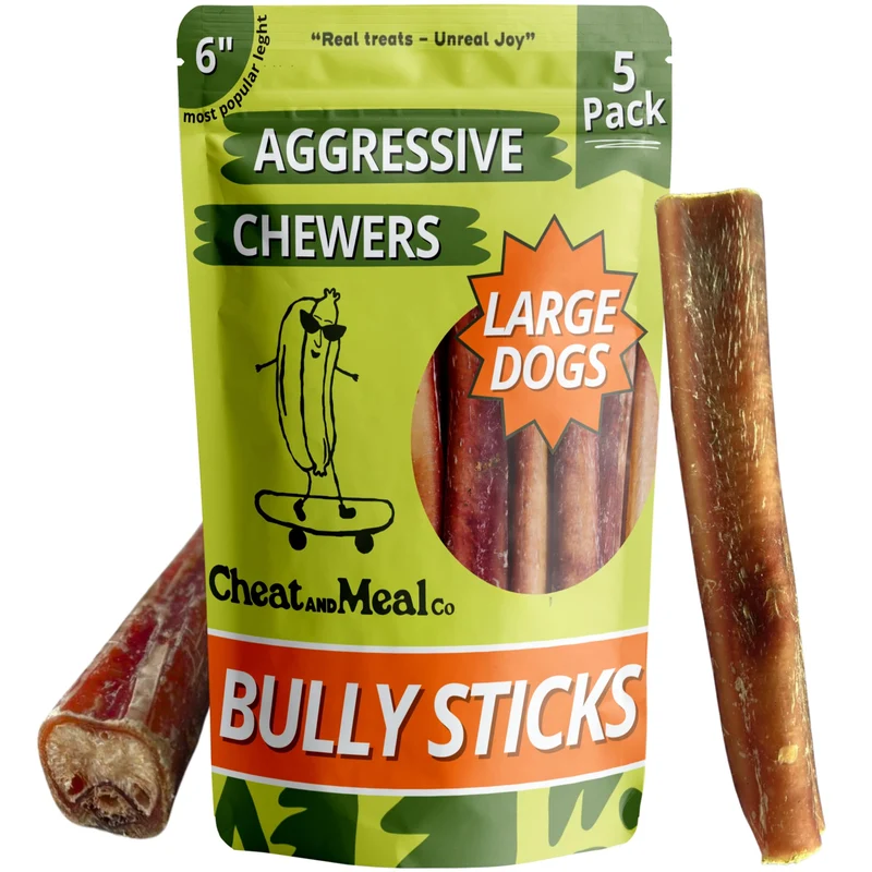 Cheat and Meal Co Bully Sticks pour Grands Chiens – 6 pouces, 5 pièces, Ingrédient Unique, Sans Cuir