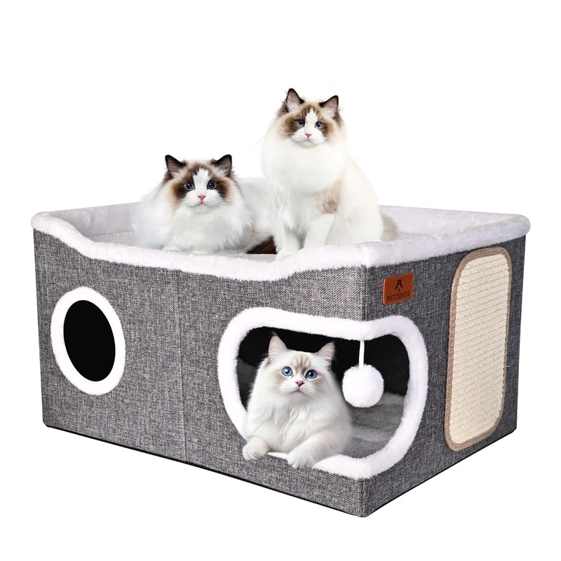 PETTDATE Lits Extra-Larges pour Chats d’Intérieur – Caverne Couverte, Tapis Réversible, Griffoir et Balle Peluche, Cabane Pliable, Gris