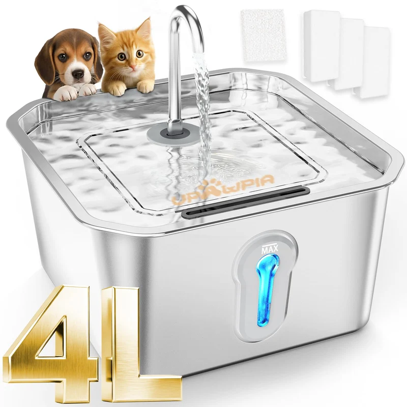 UPAWPIA Fontaine d'eau 4L pour chats en acier inoxydable — Filtration triple & débit double