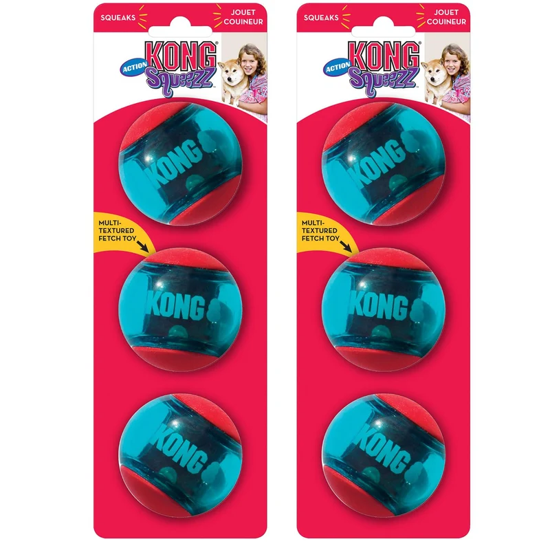 KONG Squeezz Action Ball – Balle rebondissante avec sifflet – Pack de 6 (Rouge, Taille Moyenne)