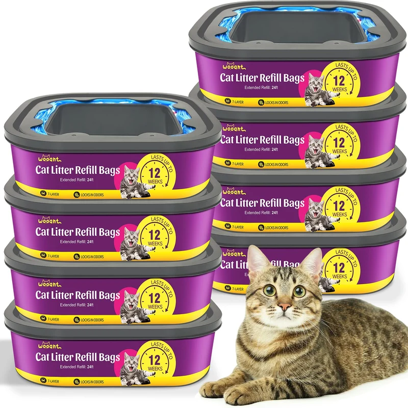 WooAnt Cartouches Refils Litière – Lot de 8, 24 pieds, Compatible Pet Genie Standard/Plus/Style, 7 Couches, Anti-Odeur et Étanches
