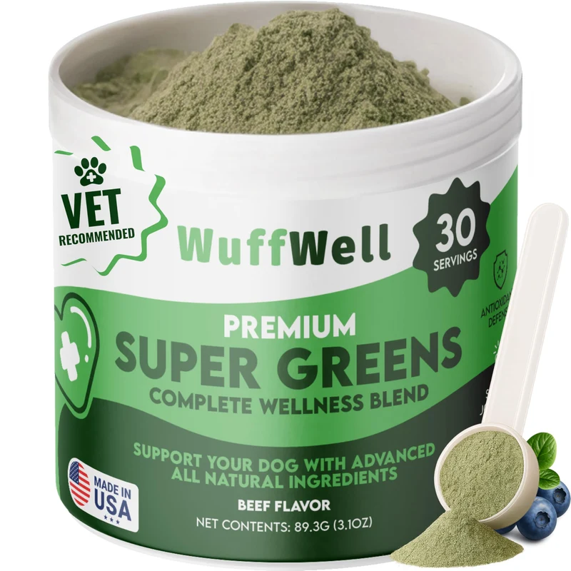 WuffWell Super Greens pour chiens – Spiruline, Chlorelle, Moringa, Glucosamine et Curcuma – Soutien articulations, immunité et peau – Saveur boeuf – Fabriqué aux États‑Unis
