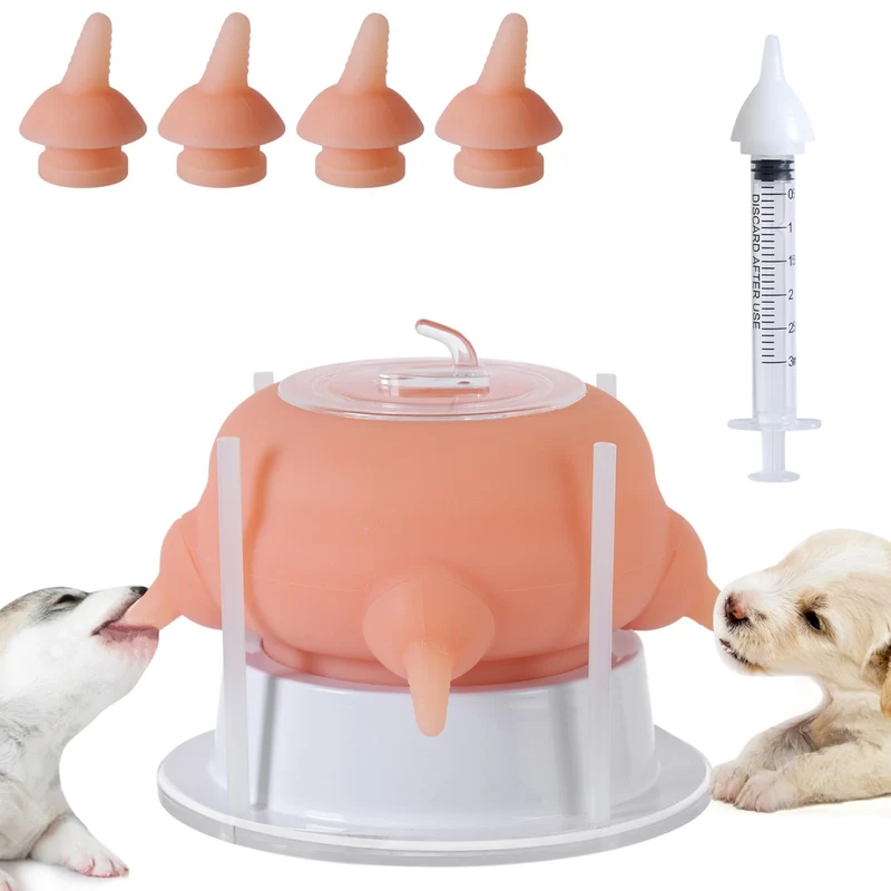 Elevonix Nourrisseur de tétines pour chiots – Silicone alimentaire 200 ml, 4 tétines détachables, flux doux (Rose)