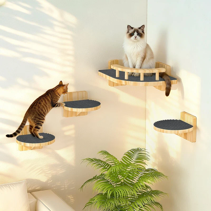 XiaZ Etagères murales pour chat — Coin d'angle avec 3 grandes perches, bois naturel, jusqu’à 25 lbs