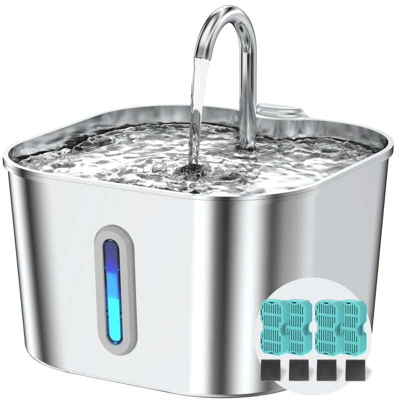 Vekonn Fontaine pour Chat en Acier Inox 2,2 L – Filtration Multicouche, 4 Filtres & 4 Éponges, Pompe Silencieuse