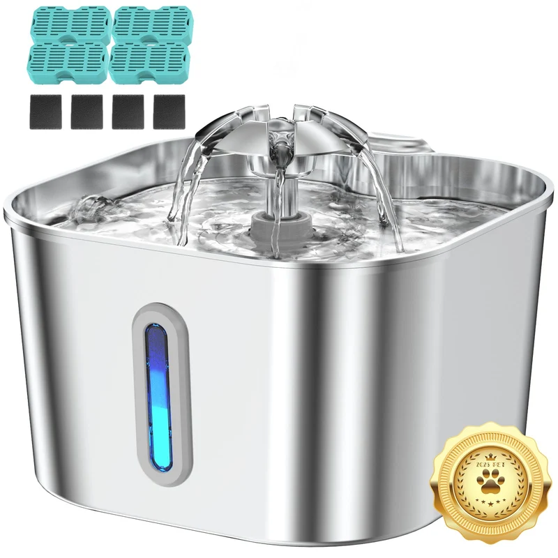 Vekonn Fontaine d'eau pour chats et chiens en inox – 2,2 L, pompe silencieuse, 4 filtres