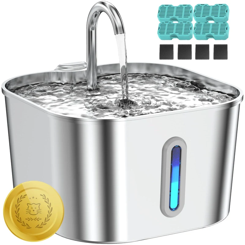 Lawfery Fontaine d'eau pour chat en inox 2,2 L — pompe silencieuse