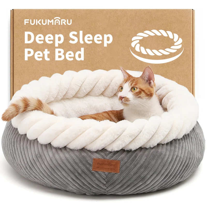 FUKUMARU Nid Chat Rond – Lit Donut Gris, Fausse Fourrure & Corduroy, Lavable, Anti-Dérapant, 21 pouces