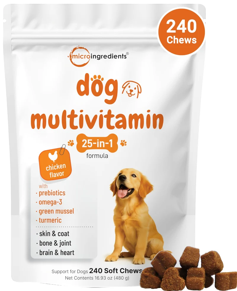 Micro Ingredients 25-en-1 Multivitamines Chien – 240 Friandises Souples au Poulet