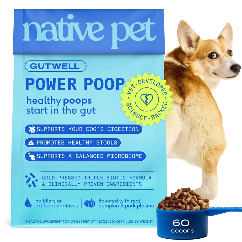 Native Pet GutWell Power Poop — Soutien digestif et fibres pour chiens — Selles saines et microbiome équilibré — Mélange triple-biotiques & M-Fiber — 60 dosettes