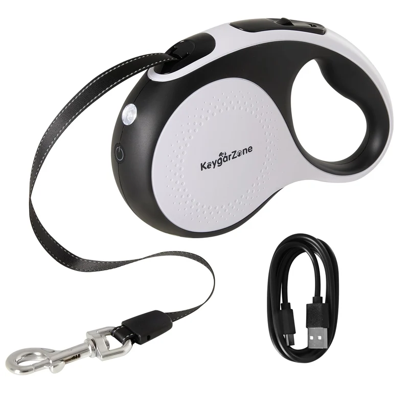 Keygarzone Laisse rétractable pour grands chiens avec lumière DEL — 5 m, jusqu'à 50 kg, contrôle à bouton unique, câble de recharge | Blanc
