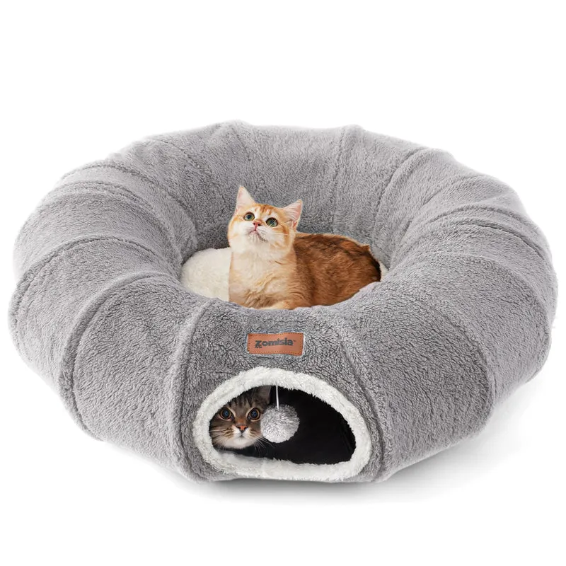 ZOMISIA Tunnel Chat Douillet – Cabane Peluche Gris pour Chat et Chaton