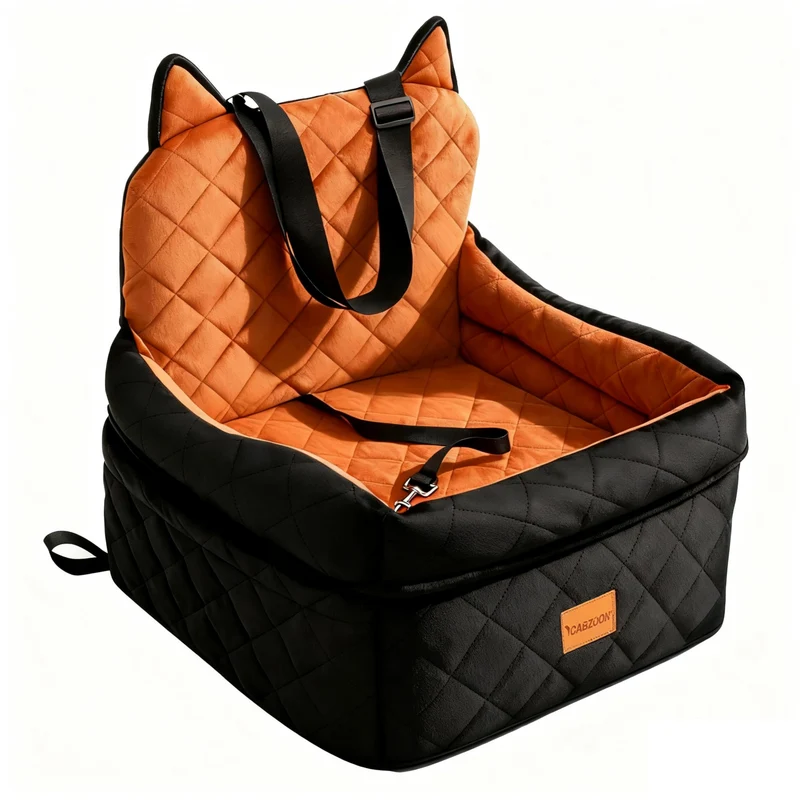 CABZOON Siège-auto pour chien – Pour chiens petits et moyens jusqu’à 16 kg, siège surélevé, housse lavable, rangement 2 poches – Noir/orange