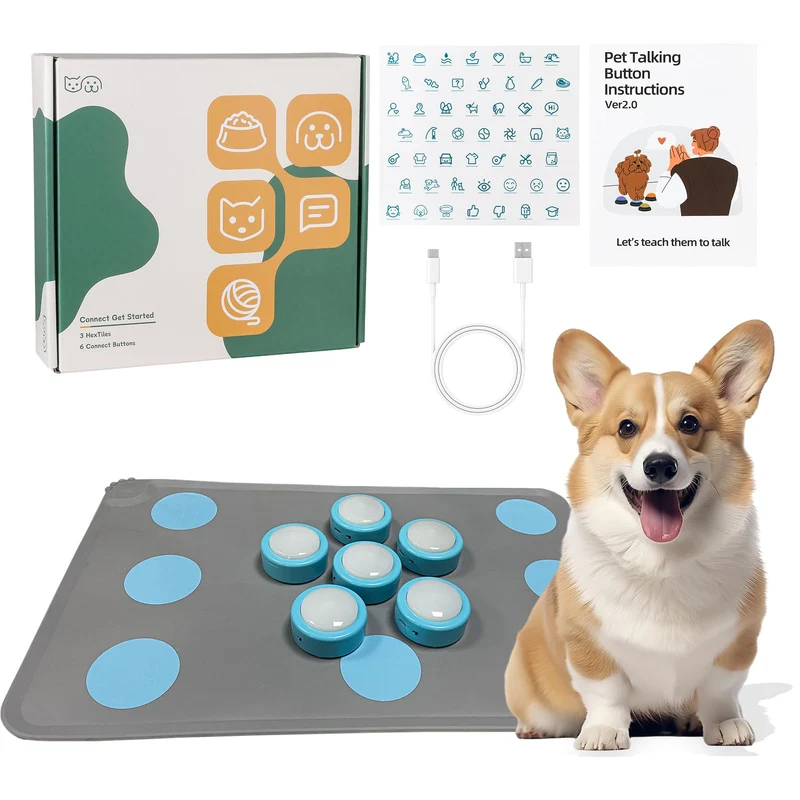 KIMPOK – Boutons Parlants pour Chien et Chat (6-pack) – Kit Starter Rechargeable avec Tapis Antidérapant et Stickers