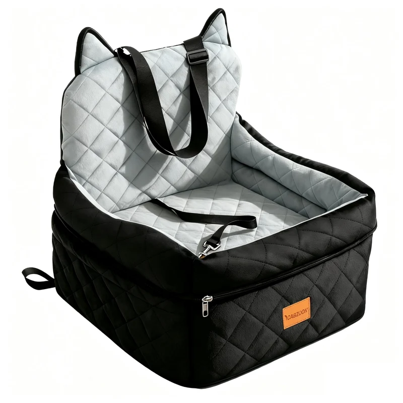 CABZOON Siège-auto pour chien – jusqu’à 16 kg (35 lb), coussin surélevé, housse lavable, 2 poches – Noir-Gris