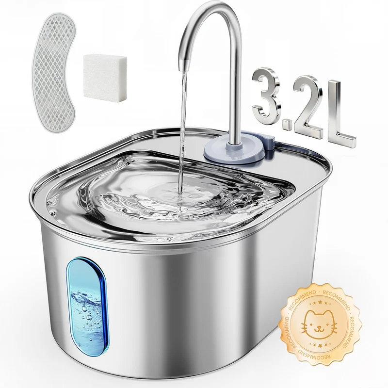 Petinstinct Fontaine en acier inoxydable 3,2 L pour chats et chiens — pompe silencieuse et filtration avancée