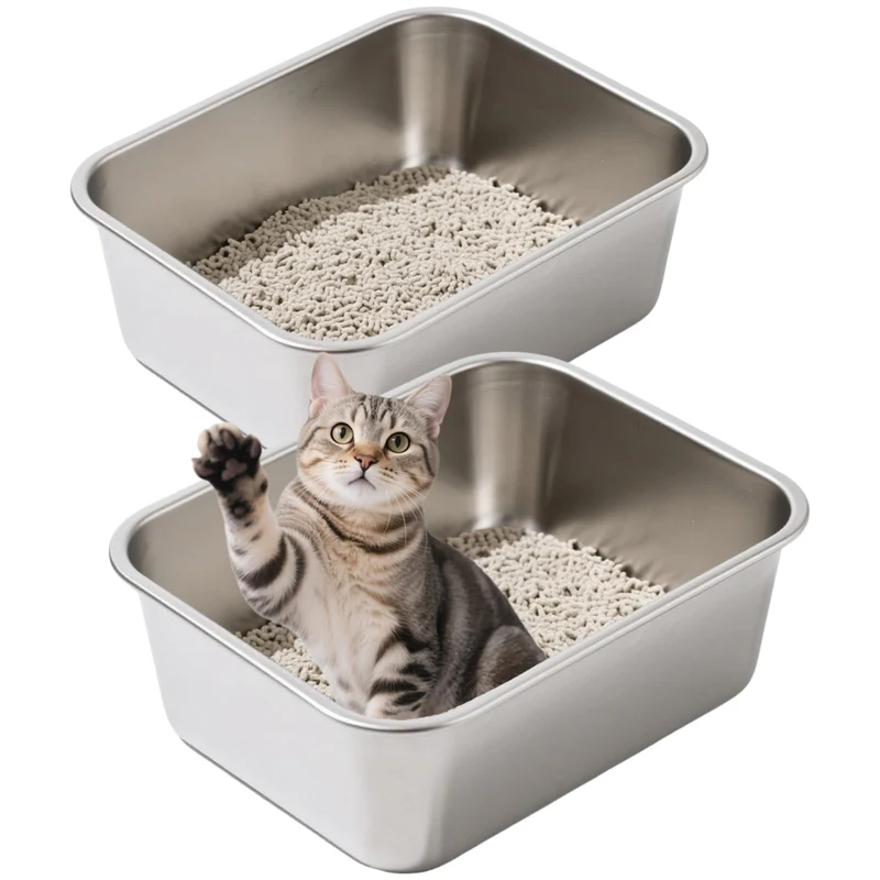 Atogafigo - Lot de 2 Boîtes Litière Inox Grand Format pour Chats et Petits Animaux