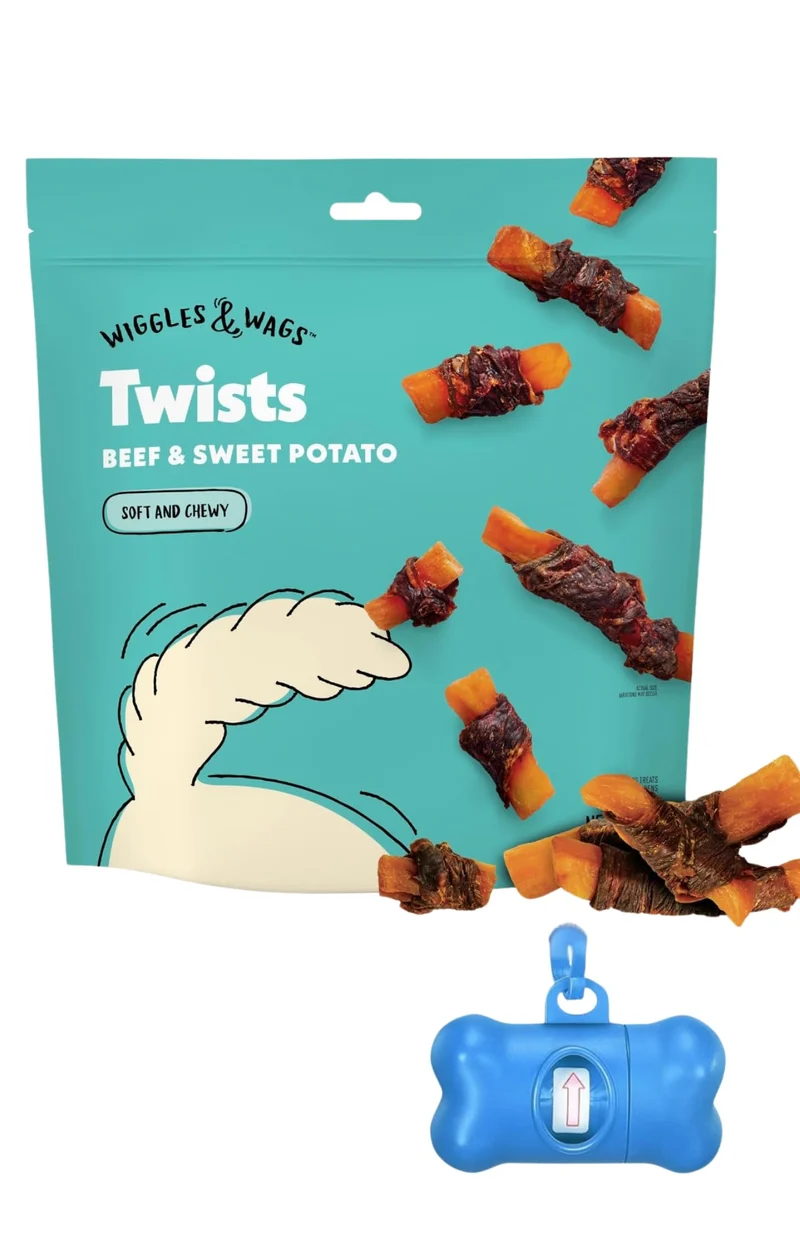 Friandises Wiggles & Wags Twists – Boeuf & Patate Douce, Douces et Sans Céréales, 16 oz + Distributeur DN Essentials