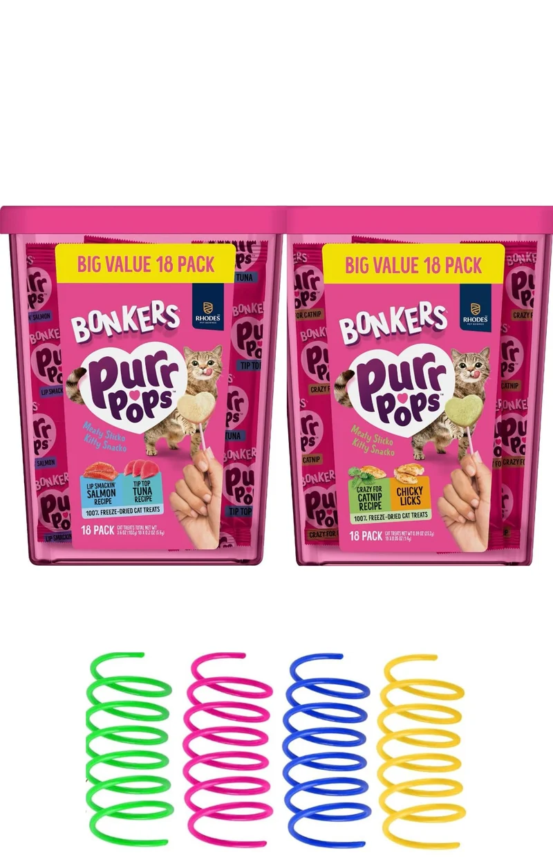 Bonkers Purrpops Friandises Lyophilisées pour Chat – Lot Variété 2×18 + 4 Jouets Printemps